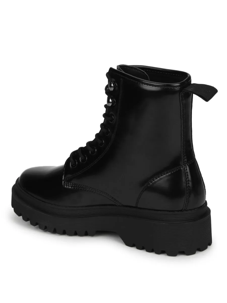 Black Shine PU Lace Up Ankle Boot