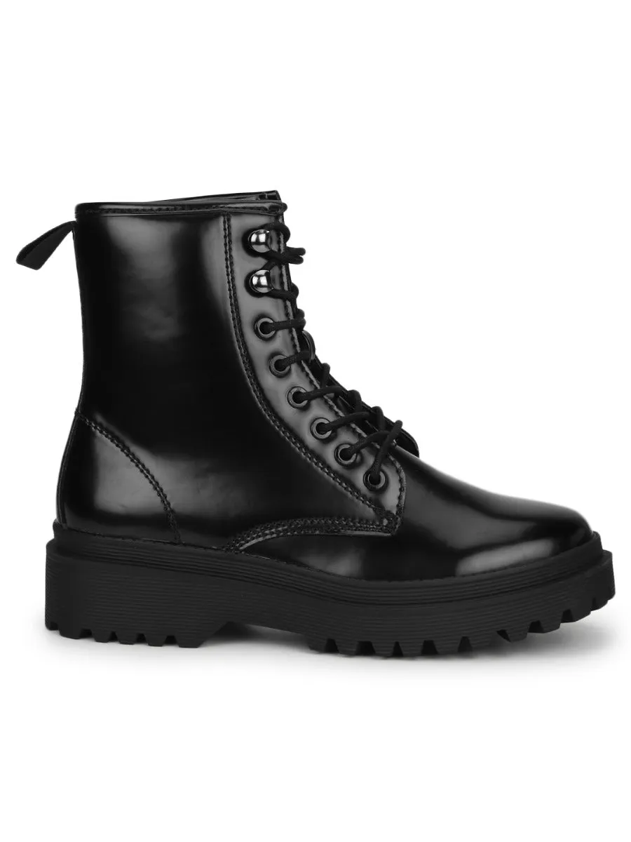 Black Shine PU Lace Up Ankle Boot