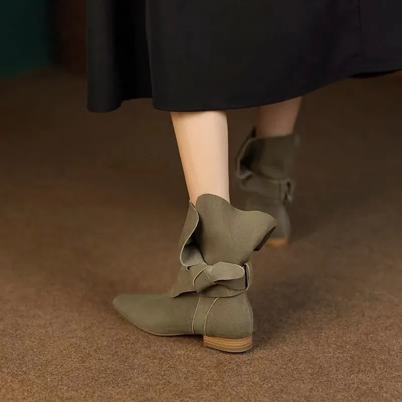 Bow Tie Slouchy Suede Ankle Boots - 2 Colors