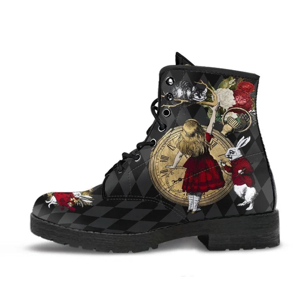 Combat Boots - Alice in Wonderland Gifts #33| Women's Black Hipster Boots, Vegan Leather Lace Up Boots, Handmade Lace Up Boots, Custom Shoes