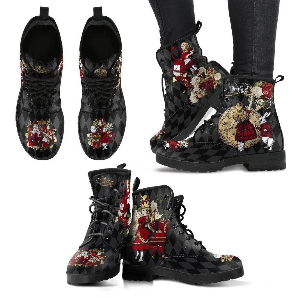 Combat Boots - Alice in Wonderland Gifts #33| Women's Black Hipster Boots, Vegan Leather Lace Up Boots, Handmade Lace Up Boots, Custom Shoes
