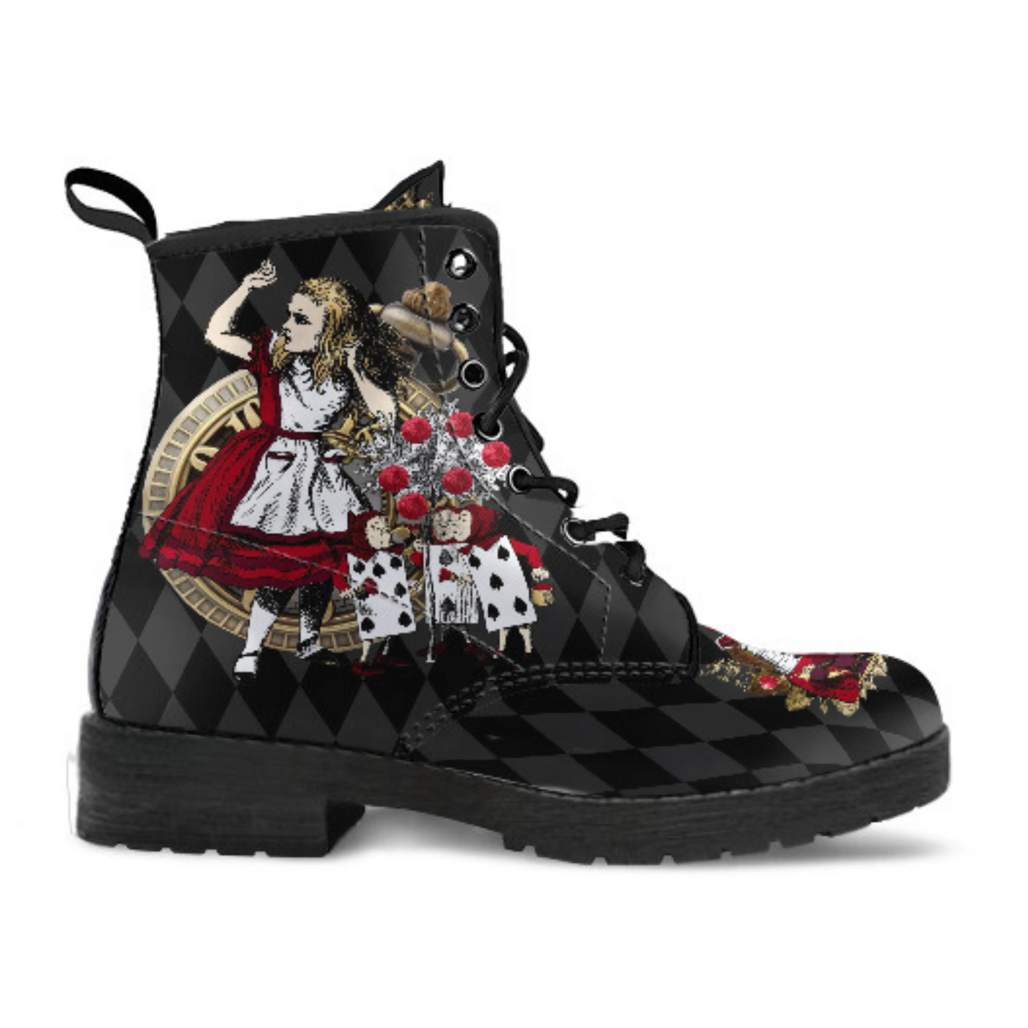 Combat Boots - Alice in Wonderland Gifts #33| Women's Black Hipster Boots, Vegan Leather Lace Up Boots, Handmade Lace Up Boots, Custom Shoes