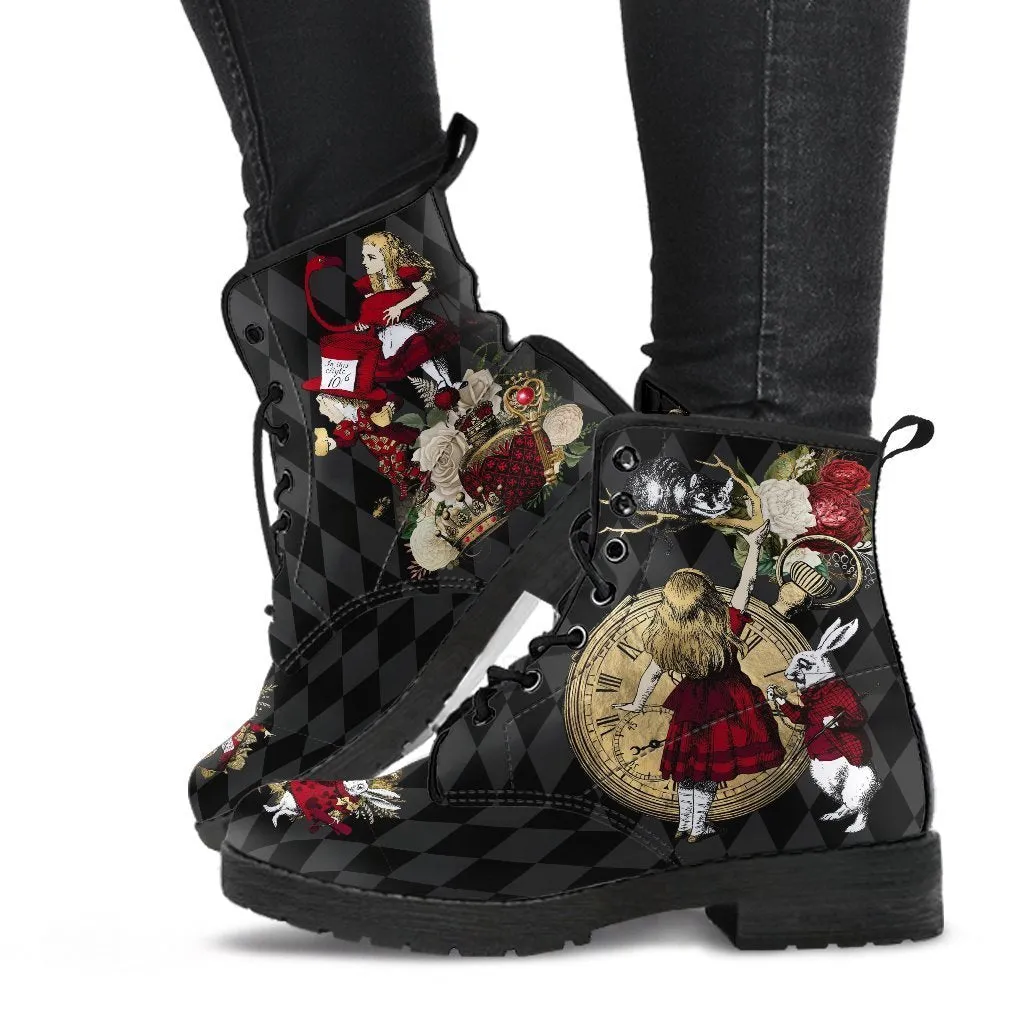 Combat Boots - Alice in Wonderland Gifts #33| Women's Black Hipster Boots, Vegan Leather Lace Up Boots, Handmade Lace Up Boots, Custom Shoes
