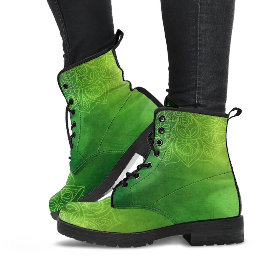 Combat Boots - Green Mandala | Boho Shoes, Handmade Lace Up Boots, Vegan Leather Lace Up Boots Women, 90s Boots, 2000s Boots, Hipster Boots