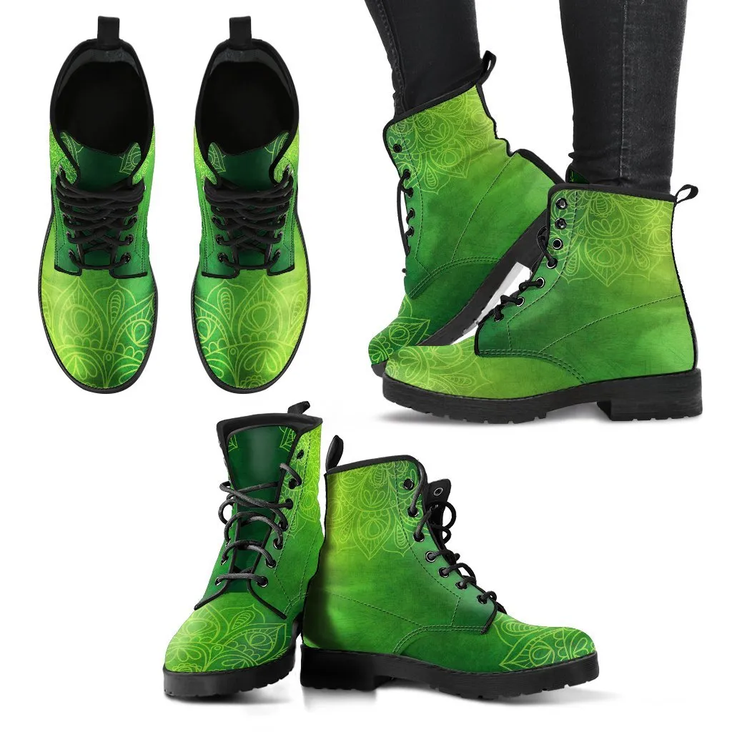 Combat Boots - Green Mandala | Boho Shoes, Handmade Lace Up Boots, Vegan Leather Lace Up Boots Women, 90s Boots, 2000s Boots, Hipster Boots