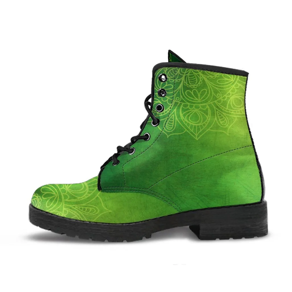 Combat Boots - Green Mandala | Boho Shoes, Handmade Lace Up Boots, Vegan Leather Lace Up Boots Women, 90s Boots, 2000s Boots, Hipster Boots