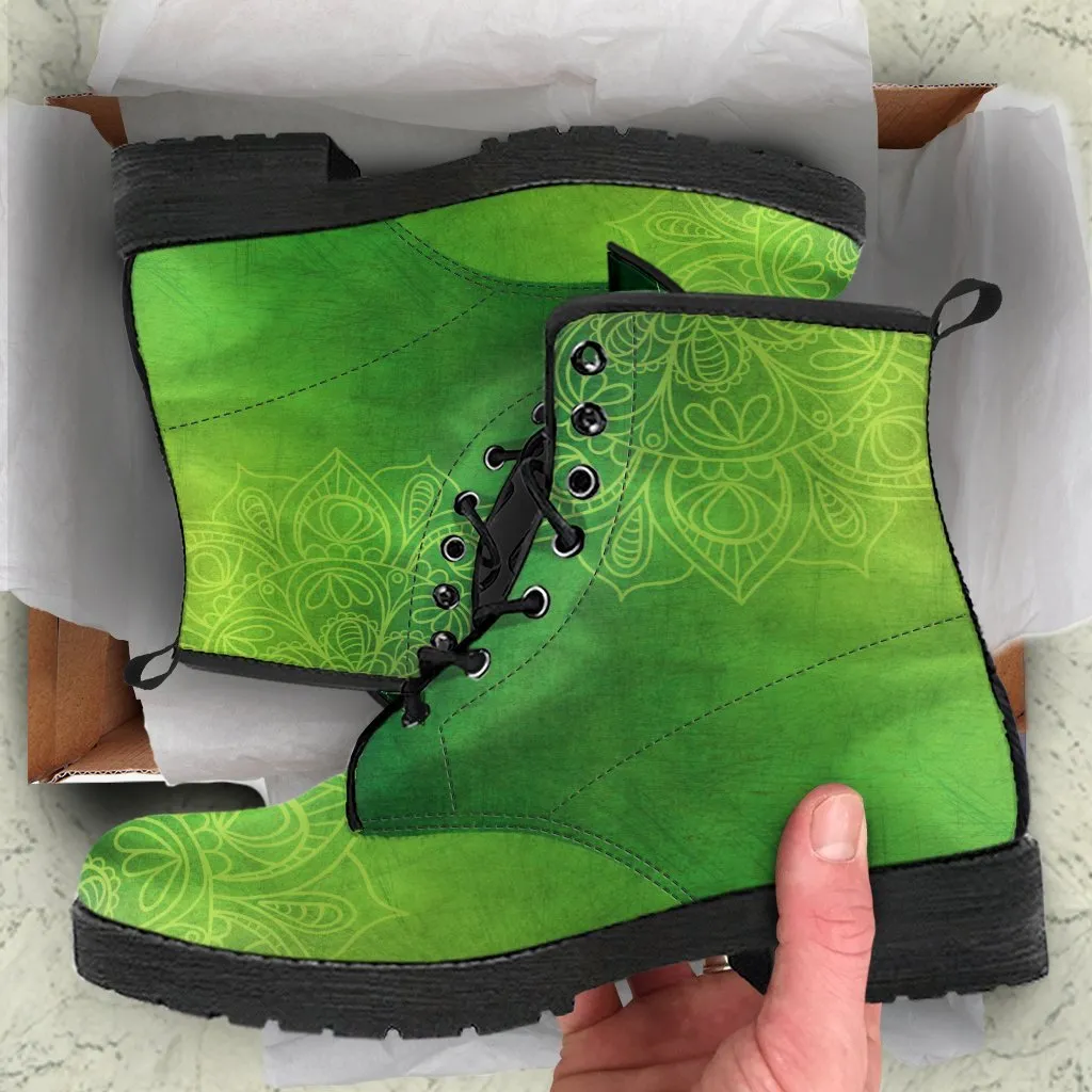 Combat Boots - Green Mandala | Boho Shoes, Handmade Lace Up Boots, Vegan Leather Lace Up Boots Women, 90s Boots, 2000s Boots, Hipster Boots