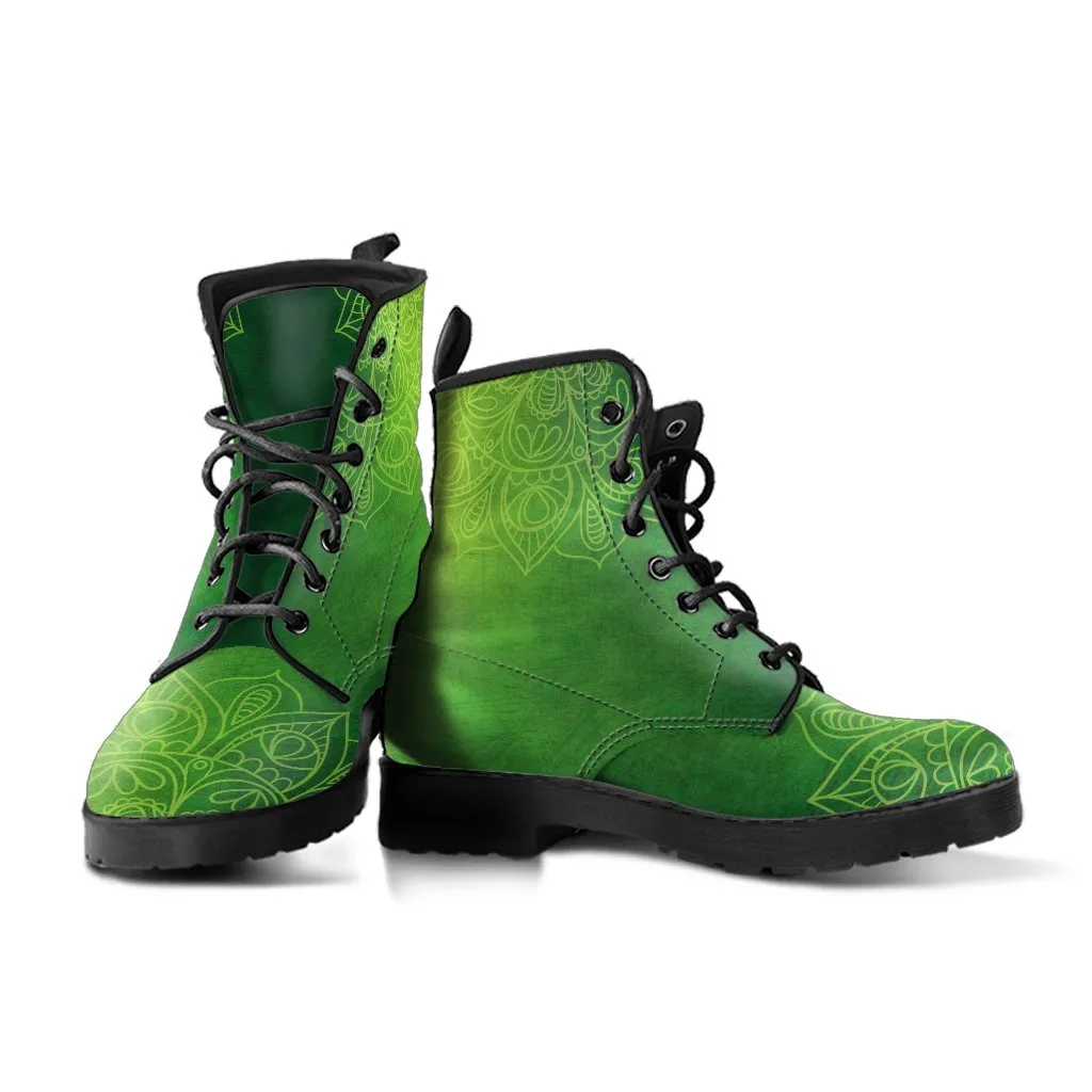 Combat Boots - Green Mandala | Boho Shoes, Handmade Lace Up Boots, Vegan Leather Lace Up Boots Women, 90s Boots, 2000s Boots, Hipster Boots