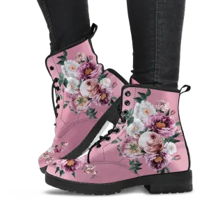 Combat Boots - Pink & White Flowers (Pink) | Blush Pink Flat Shoes, Vegan Leather Lace Up Boots