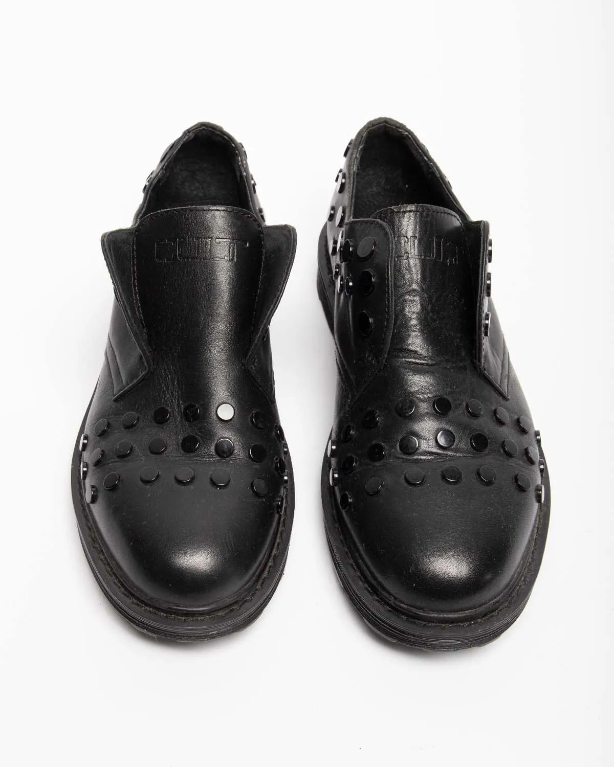 Cult black leather studded slip-on shoes