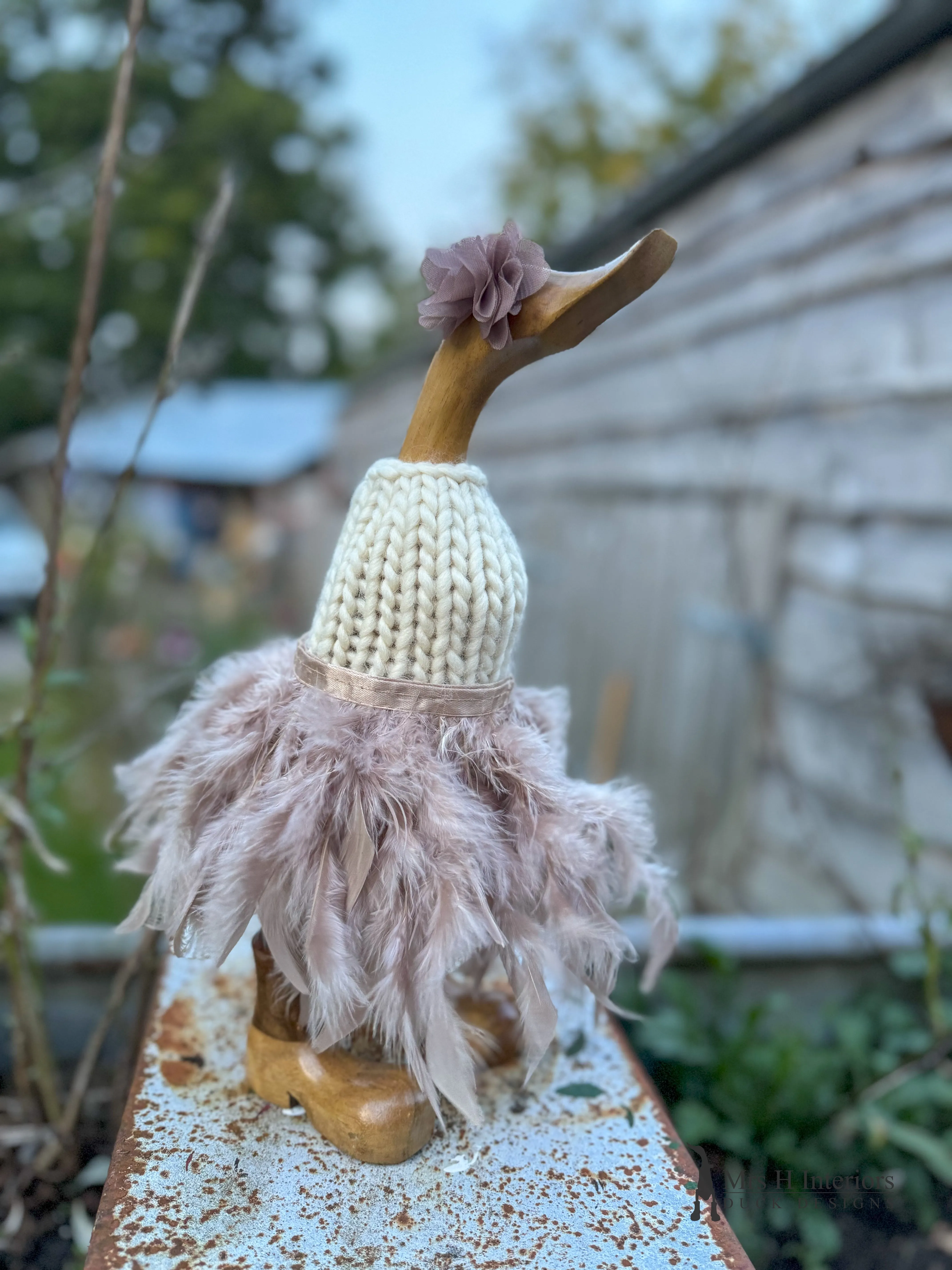 Darcy, merino wool and mink feather wearing bird - Decorated Wooden Duck in Boots by Mrs H the Duck Lady
