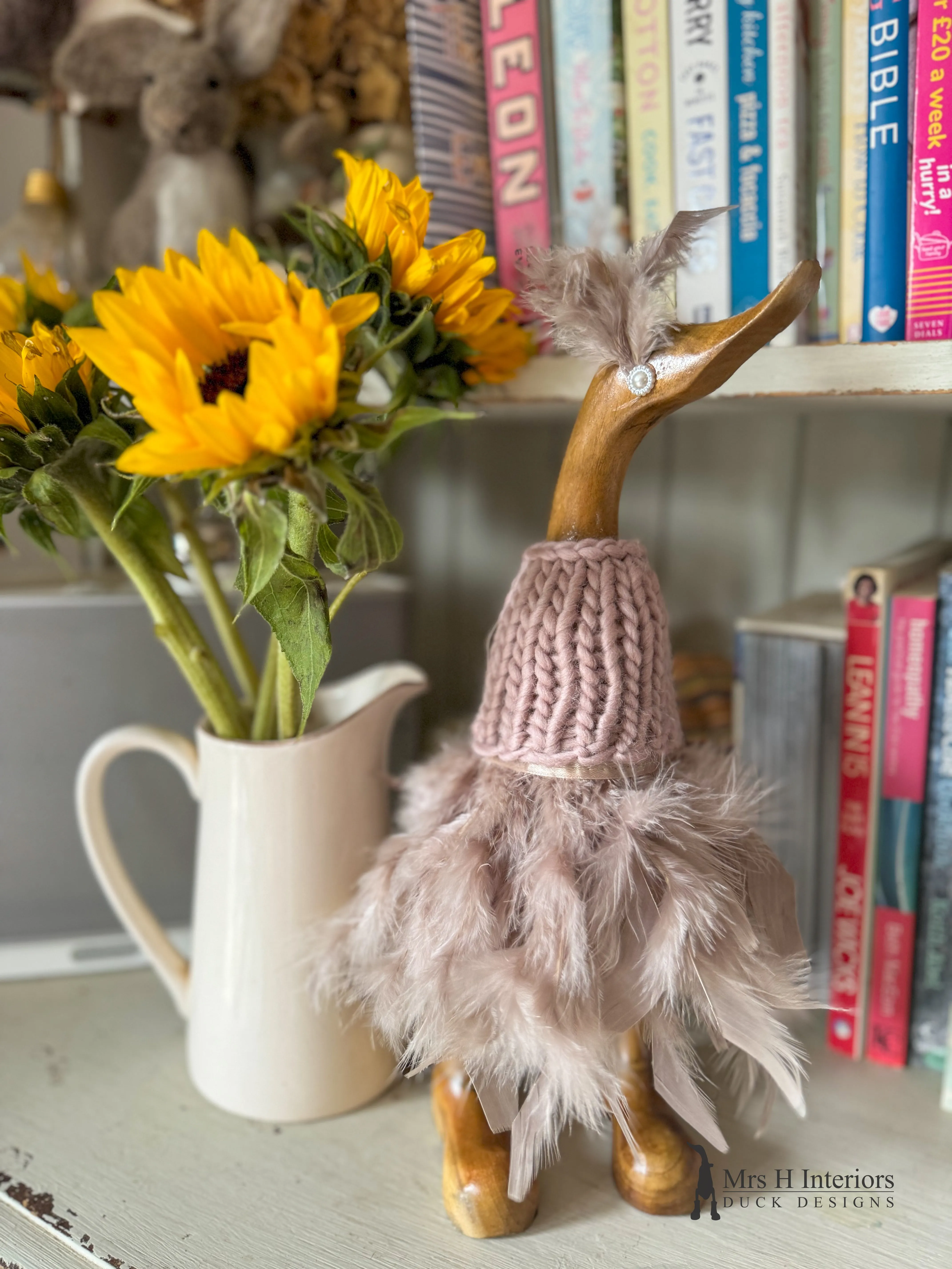 Darcy, merino wool and mink feather wearing bird - Decorated Wooden Duck in Boots by Mrs H the Duck Lady