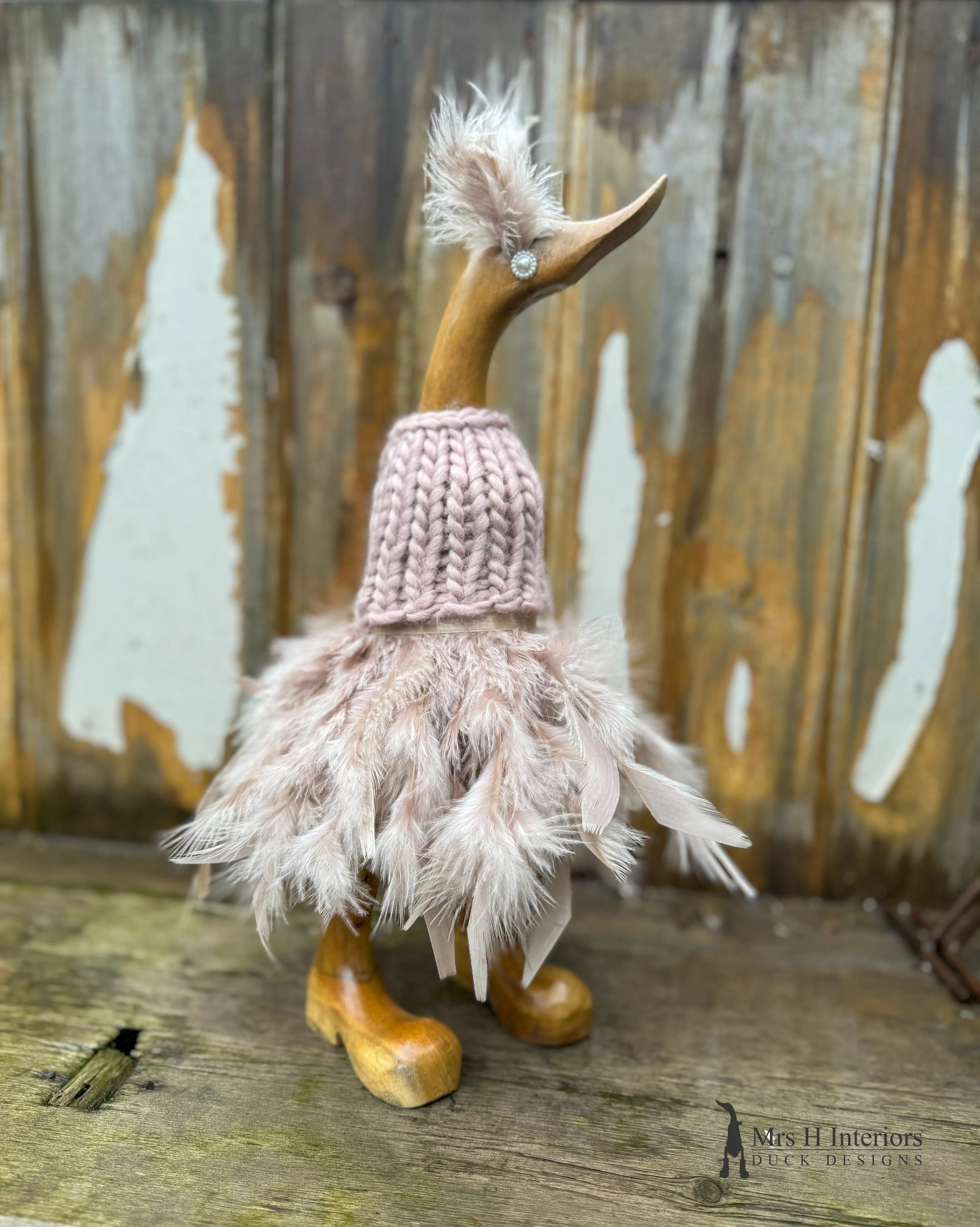 Darcy, merino wool and mink feather wearing bird - Decorated Wooden Duck in Boots by Mrs H the Duck Lady