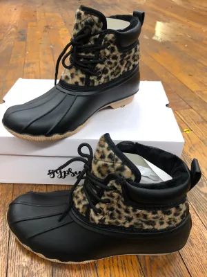 FINAL SALE - Gypsy Jazz - Lace Up Duck Boots - Black & Leopard