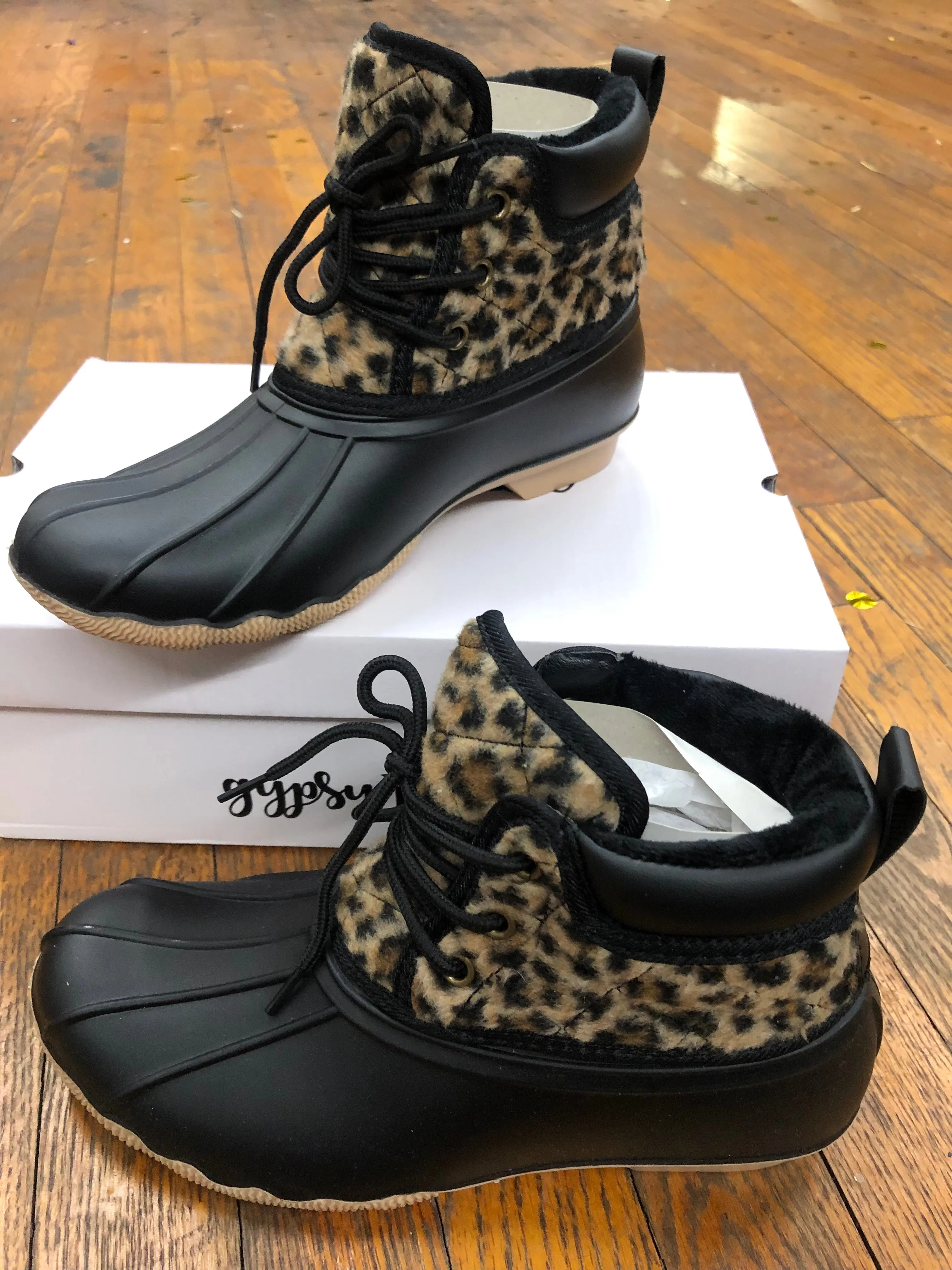 FINAL SALE - Gypsy Jazz - Lace Up Duck Boots - Black & Leopard