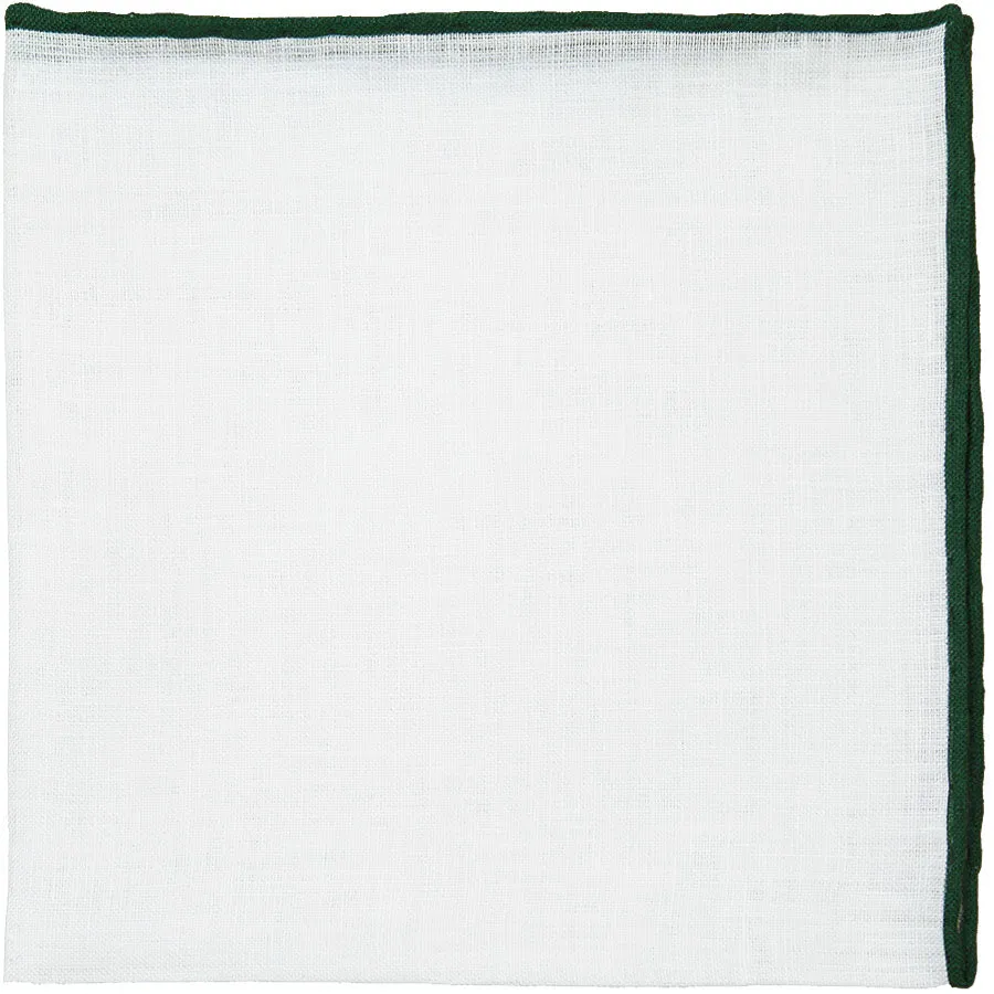 Irish Linen Shoestring Pocket Square - White / Forest Green