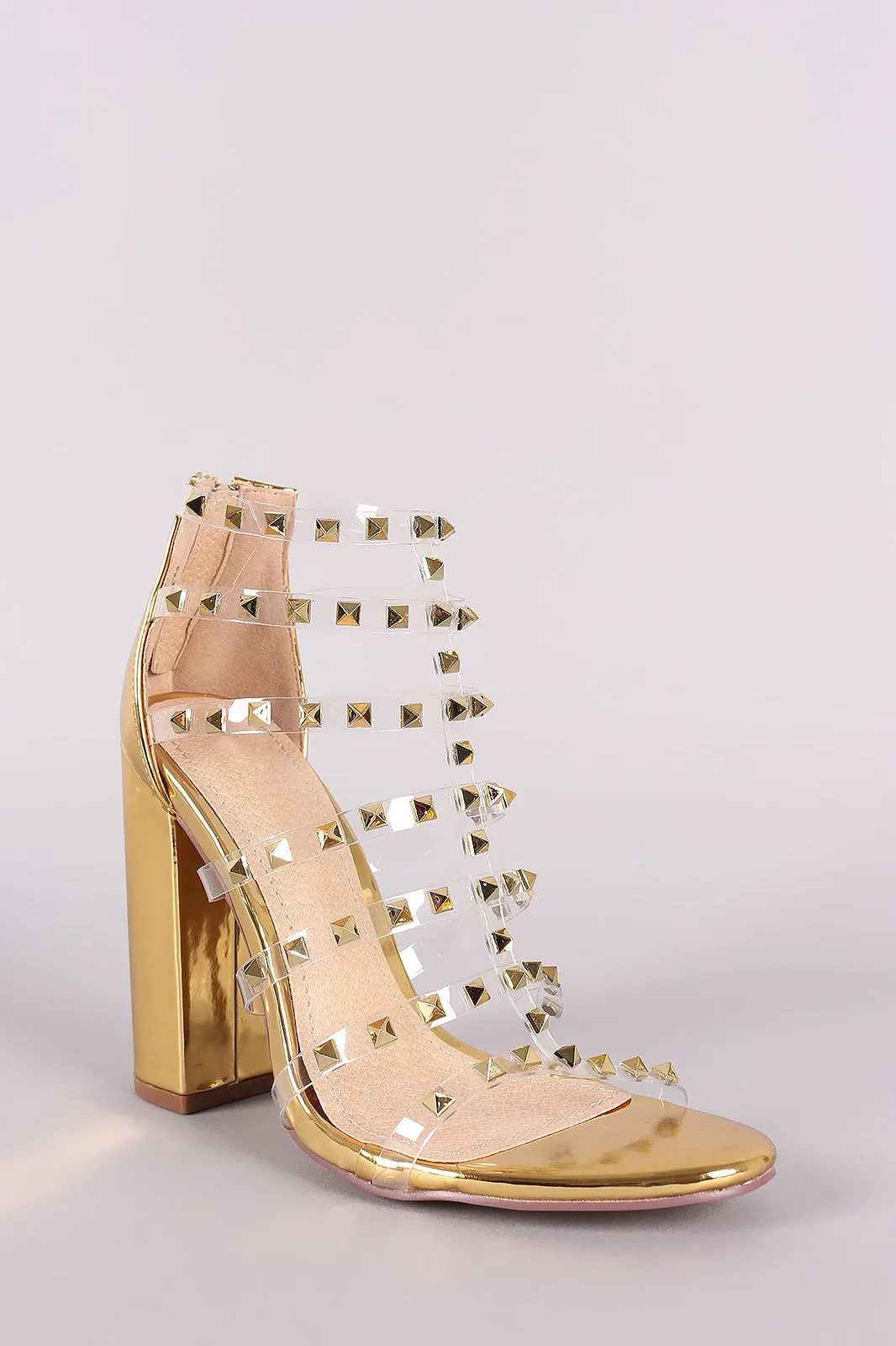 Liliana Clear Studded Straps Patent Chunky Heel