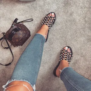 MADISON STUDDED CAGED BLACK SLIDERS
