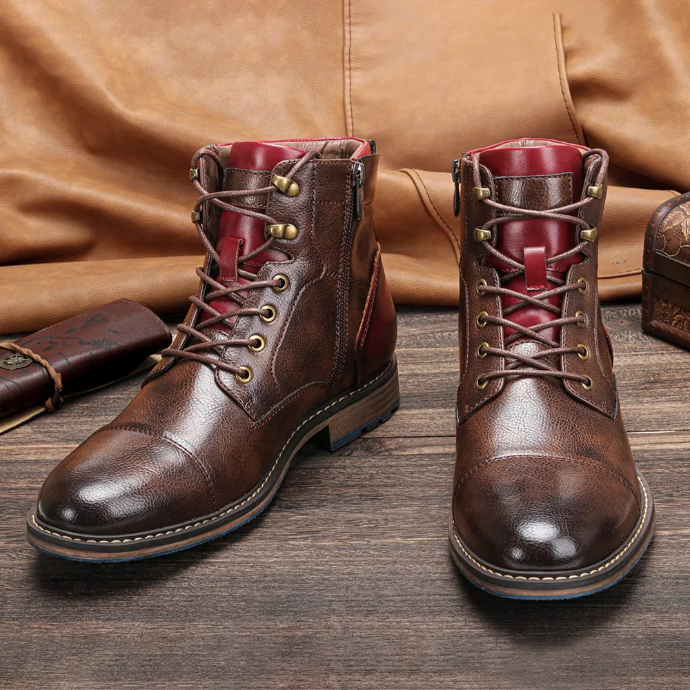 Men's brown combat boots lace-up short boots with side zipper High cut military boots