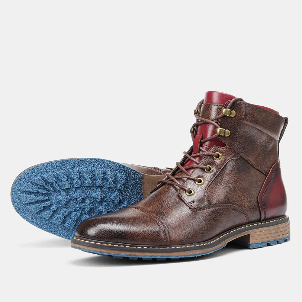 Men's brown combat boots lace-up short boots with side zipper High cut military boots