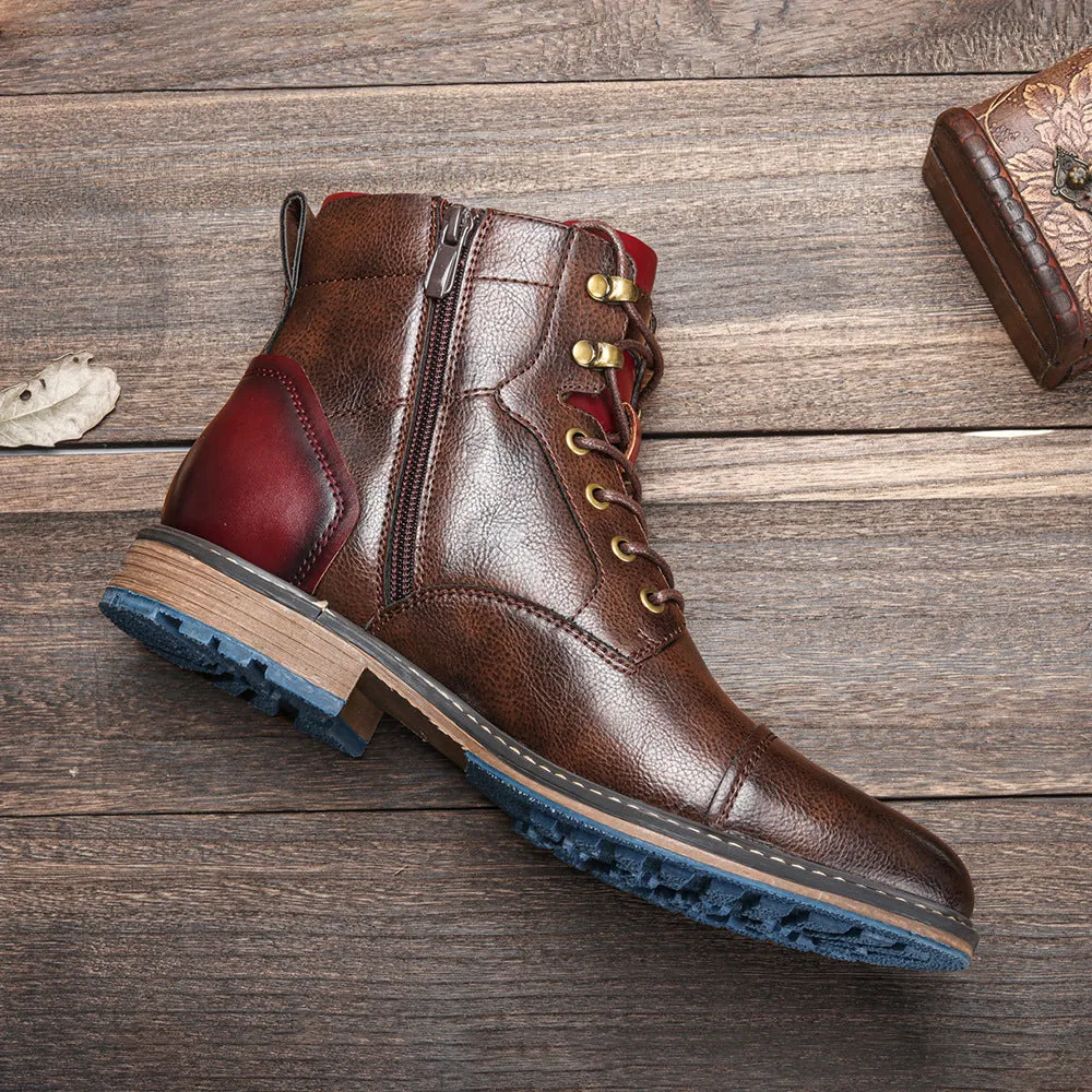 Men's brown combat boots lace-up short boots with side zipper High cut military boots