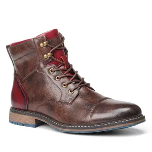 Men's brown combat boots lace-up short boots with side zipper High cut military boots