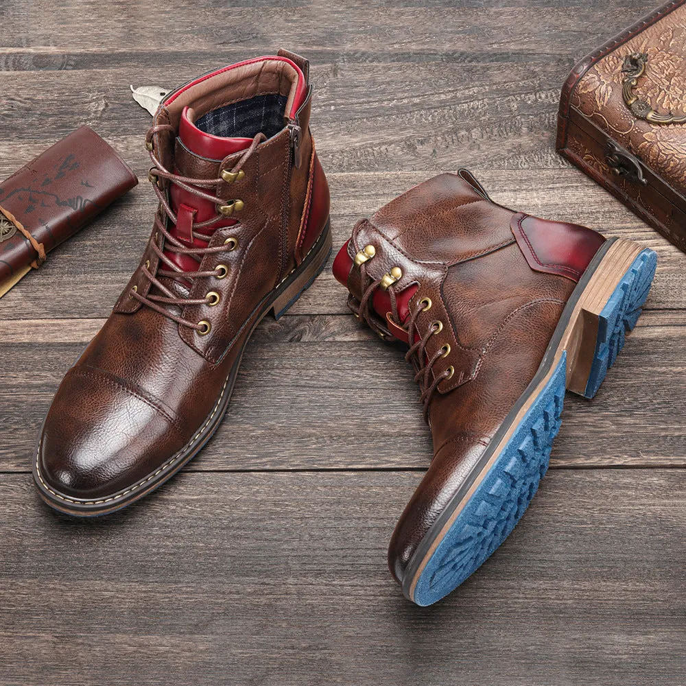 Men's brown combat boots lace-up short boots with side zipper High cut military boots
