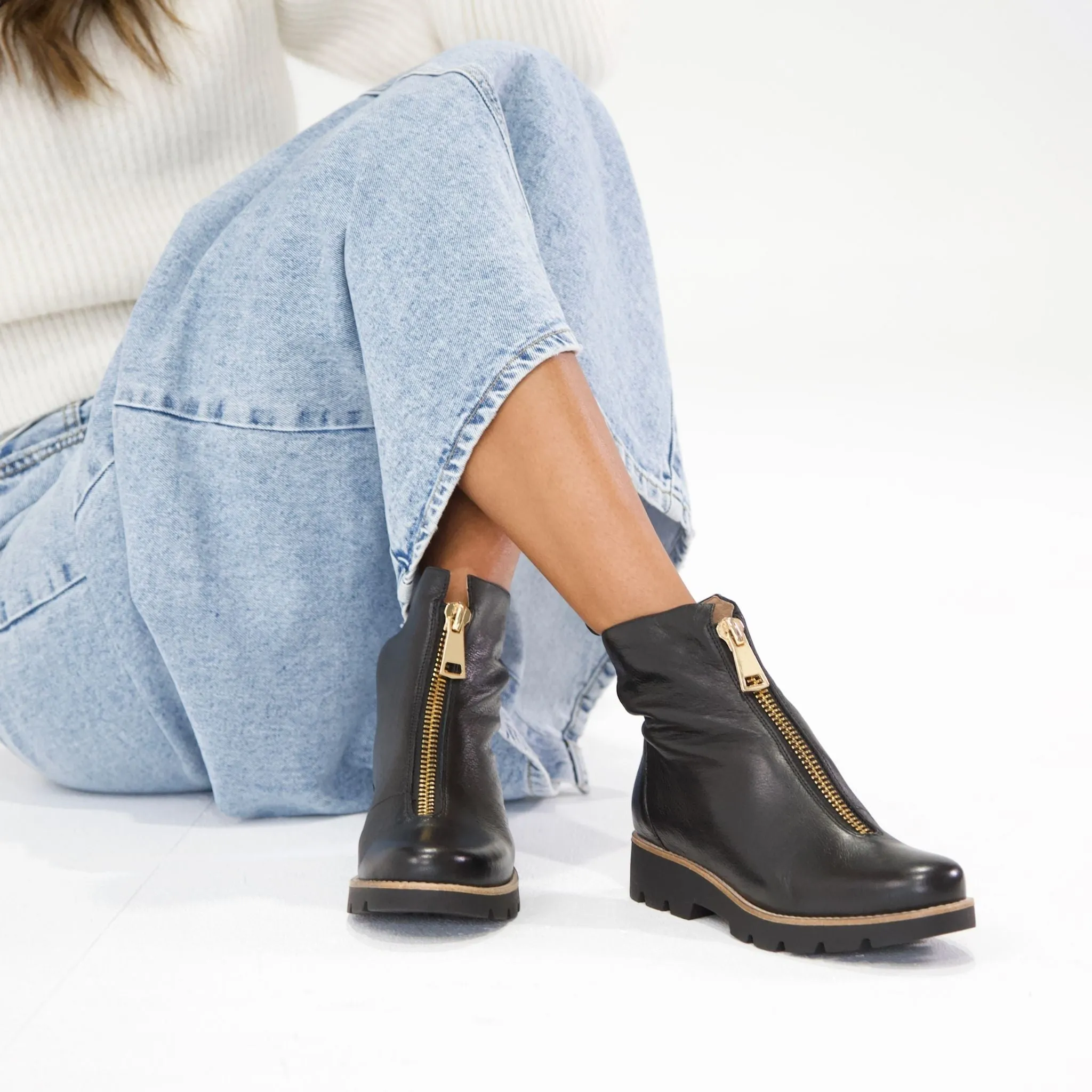 Mieyette Black Leather Ankle Boots