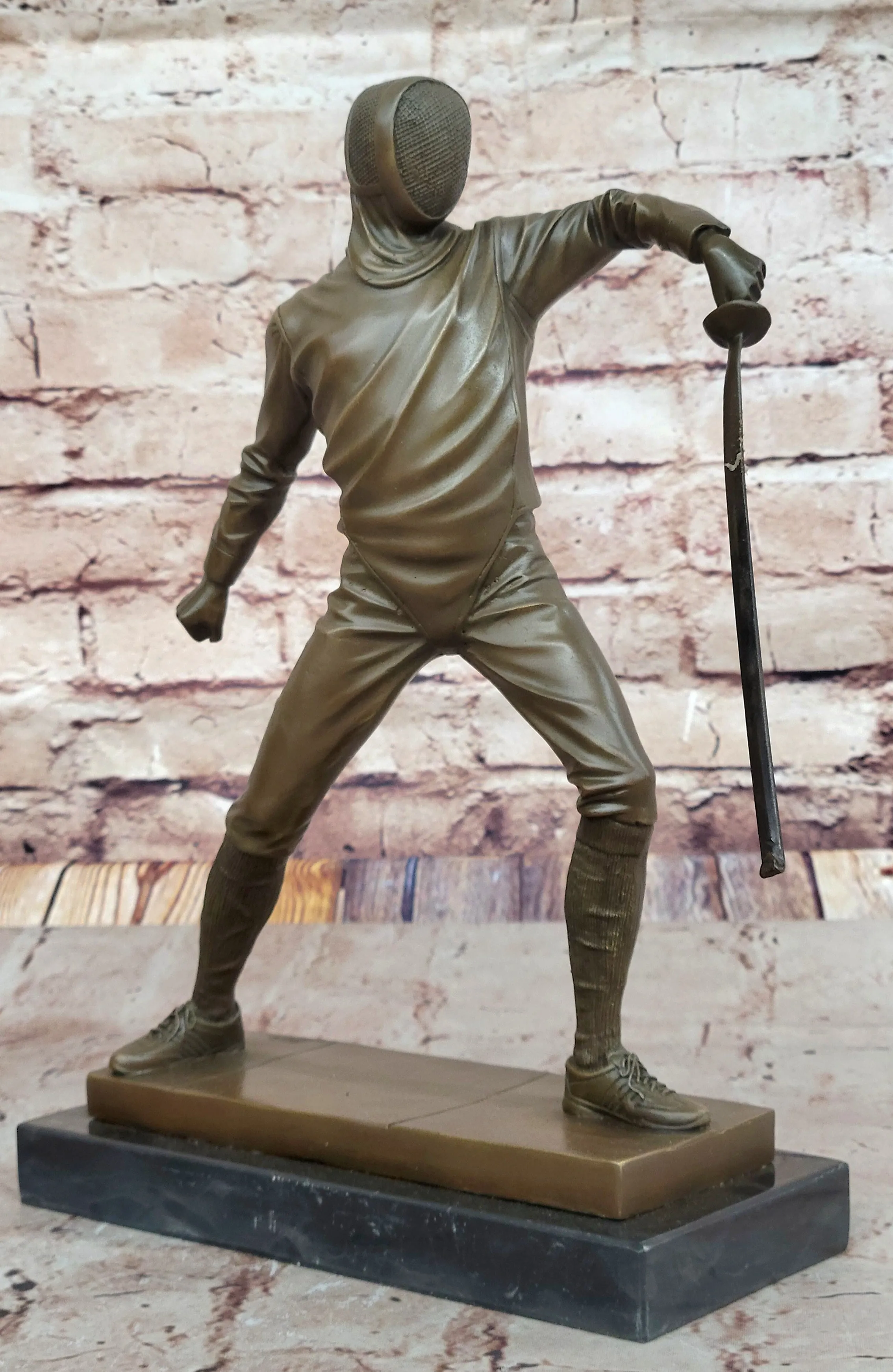 Pair of Fencers Fencing Bronze Bookend Sculptures Figurines on Marble Base