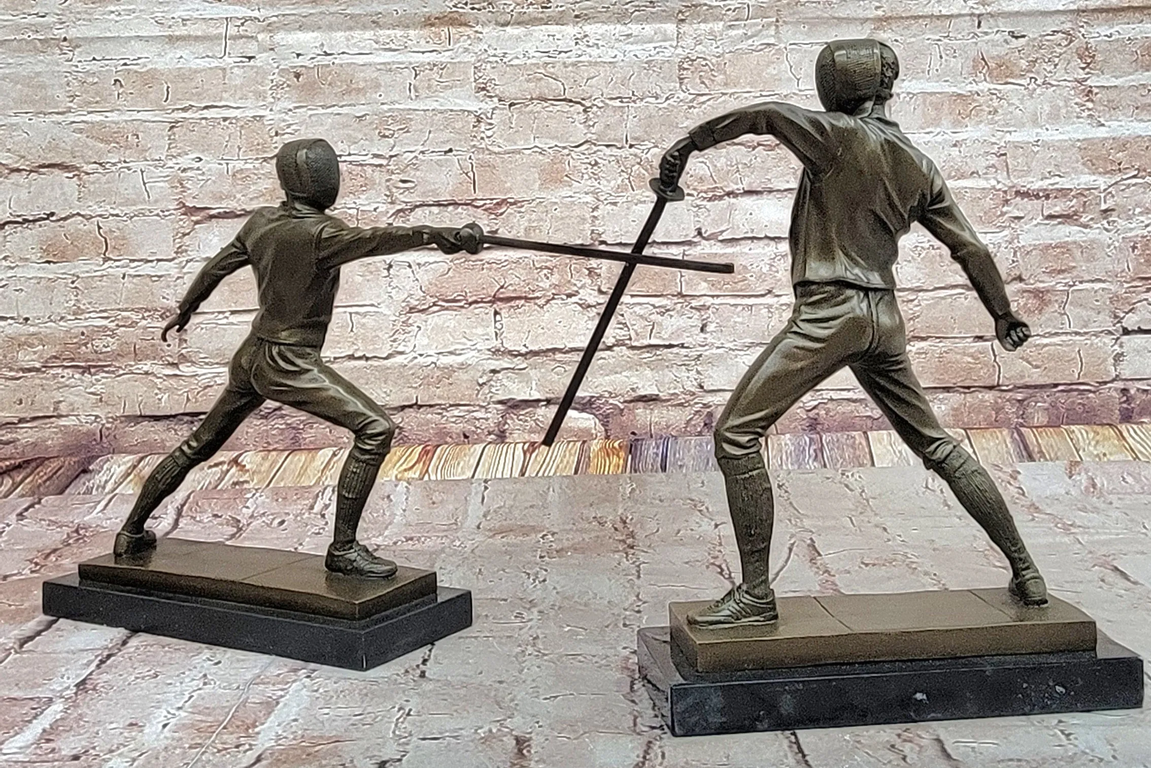 Pair of Fencers Fencing Bronze Bookend Sculptures Figurines on Marble Base