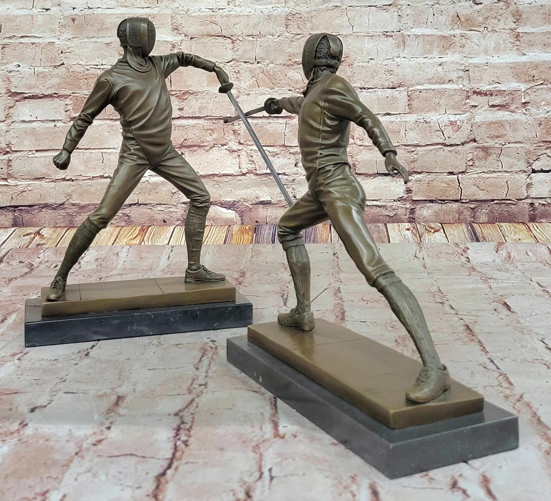 Pair of Fencers Fencing Bronze Bookend Sculptures Figurines on Marble Base