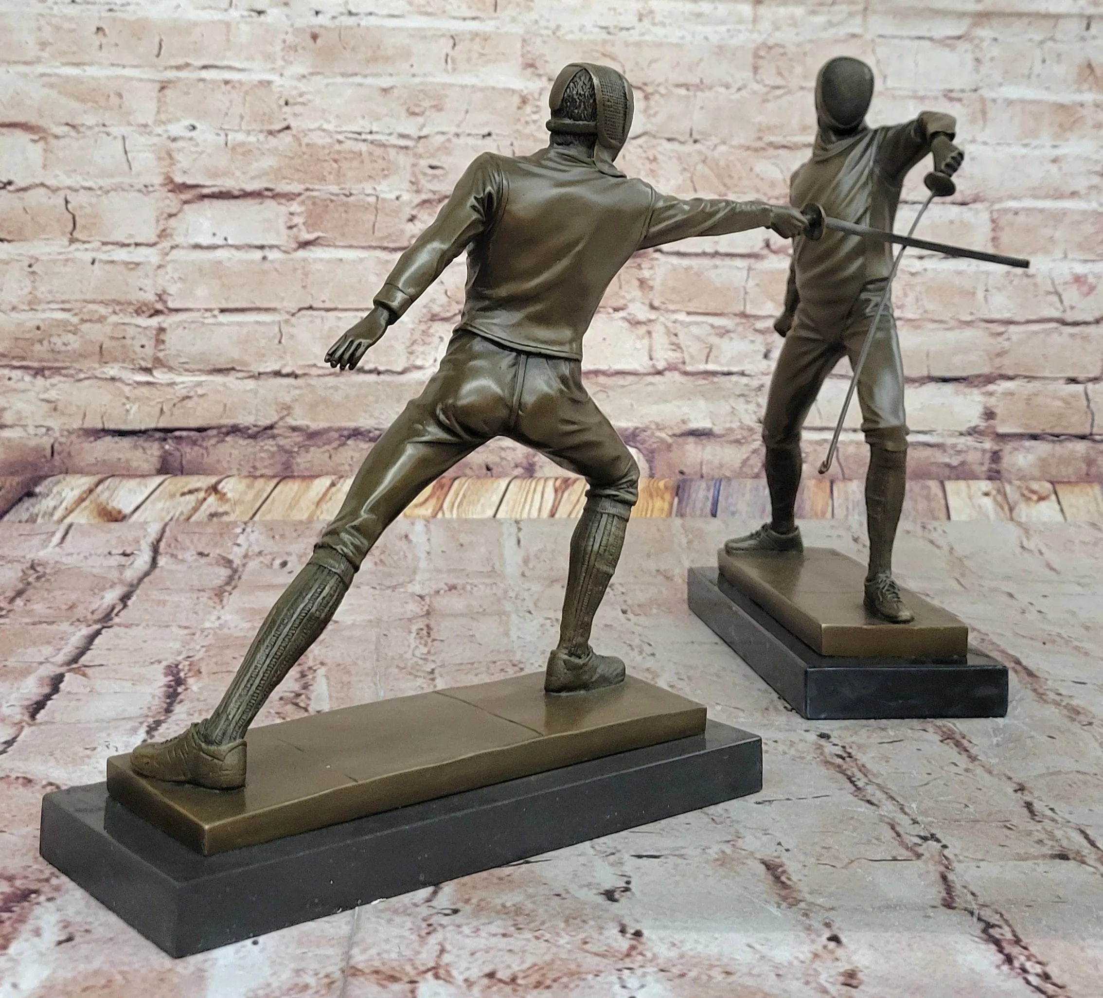 Pair of Fencers Fencing Bronze Bookend Sculptures Figurines on Marble Base