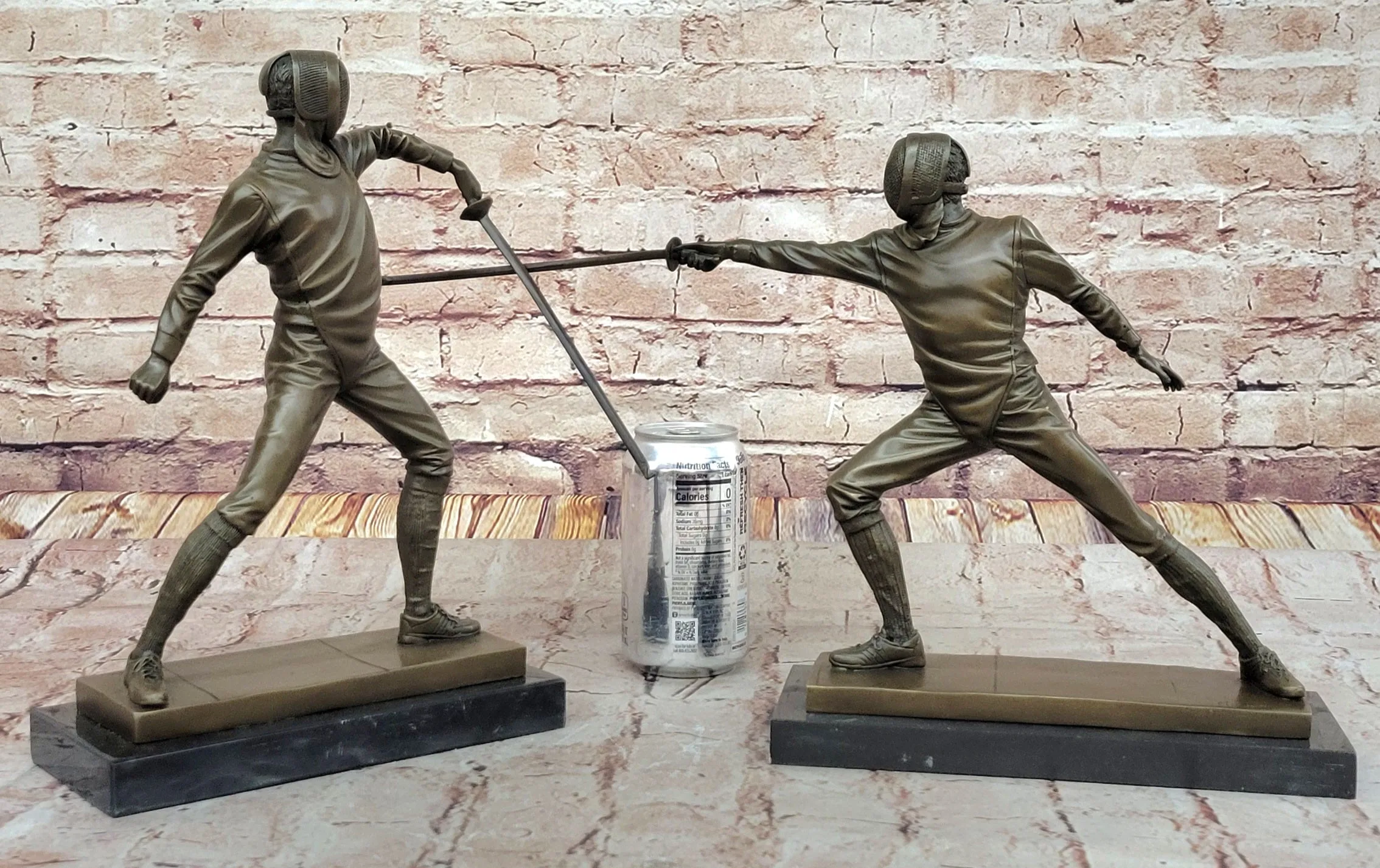 Pair of Fencers Fencing Bronze Bookend Sculptures Figurines on Marble Base