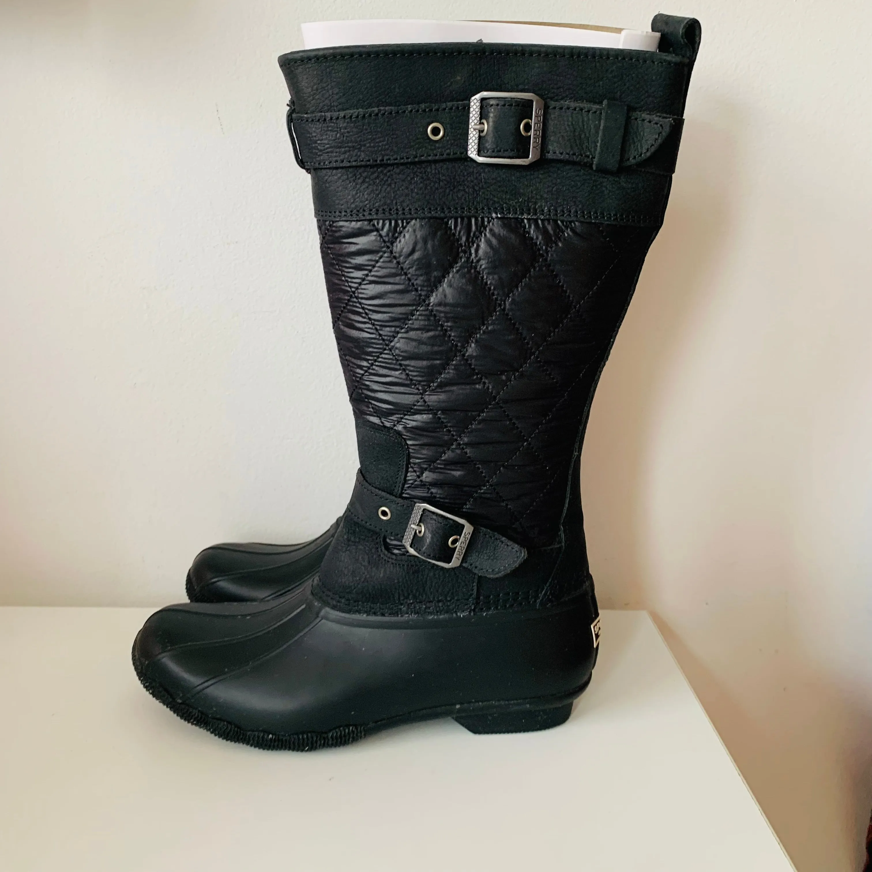 Sperry Saltwater Quilted Tall Nylon Rubber Duck Black Women’s Boots Size 9