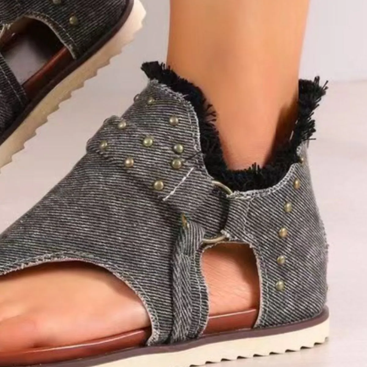 Studded Raw Hem Flat Sandals - 5 Colors