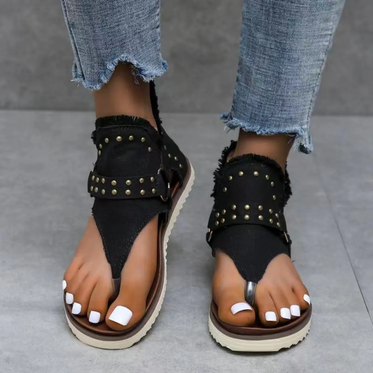 Studded Raw Hem Flat Sandals - 5 Colors