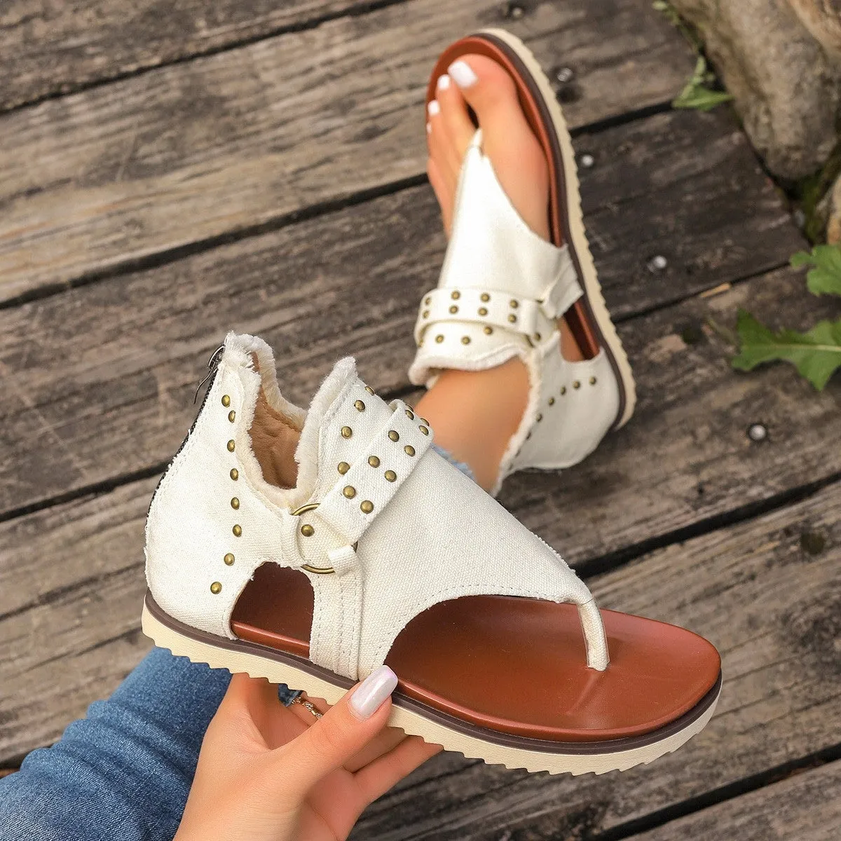Studded Raw Hem Flat Sandals - 5 Colors