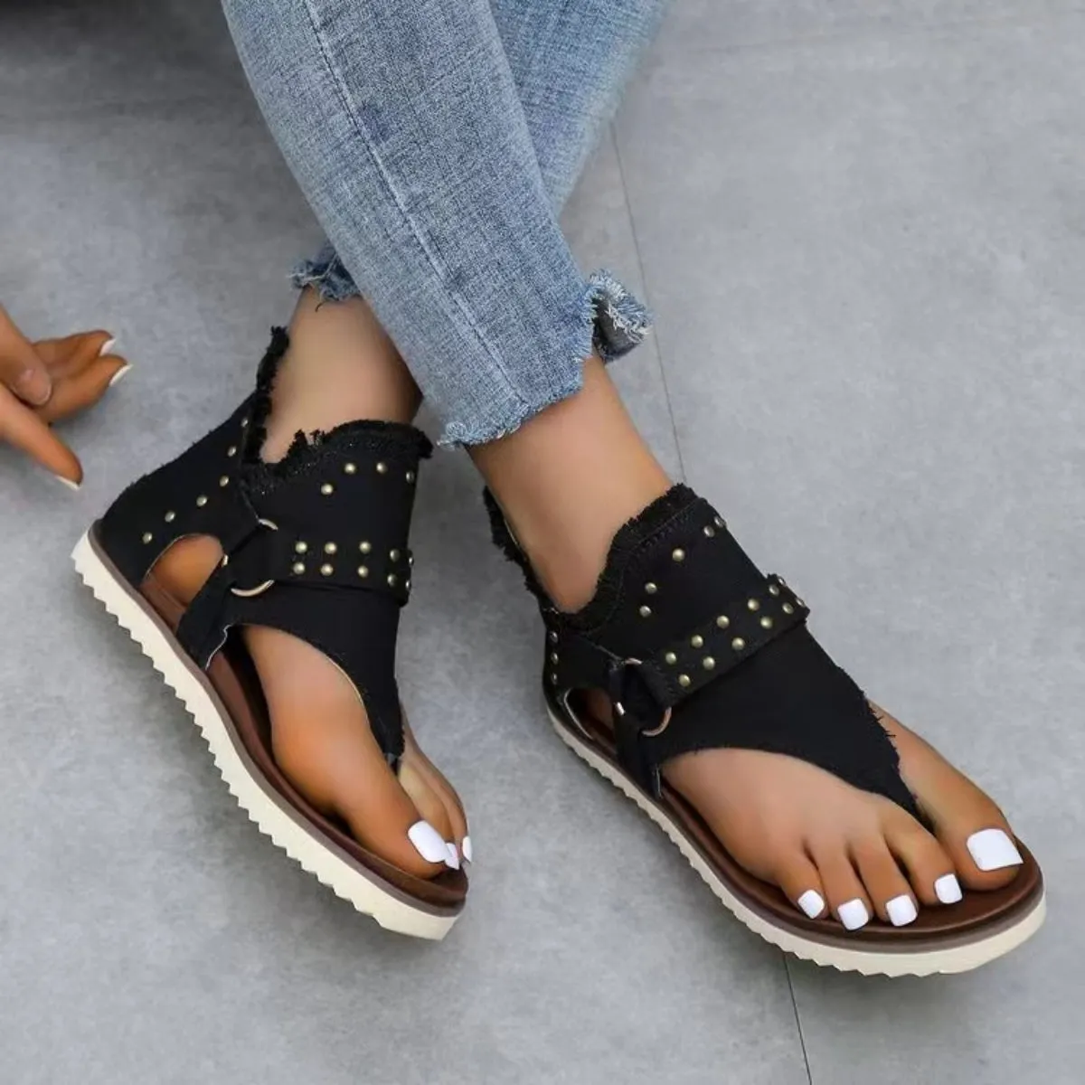Studded Raw Hem Flat Sandals - 5 Colors