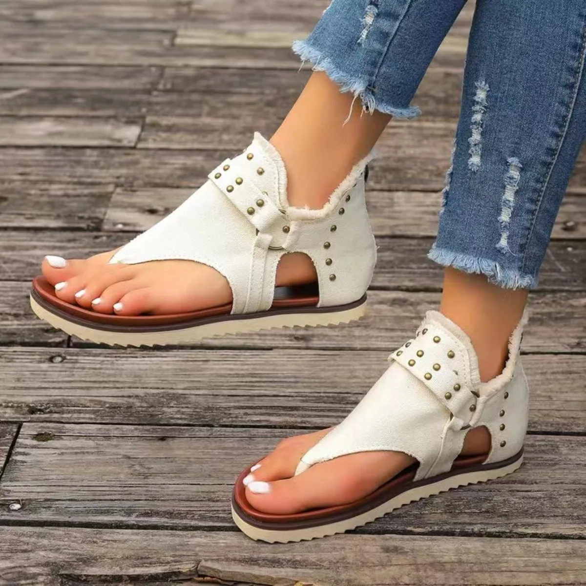 Studded Raw Hem Flat Sandals - 5 Colors