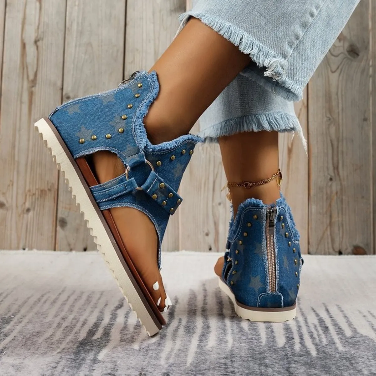 Studded Raw Hem Flat Sandals - 5 Colors