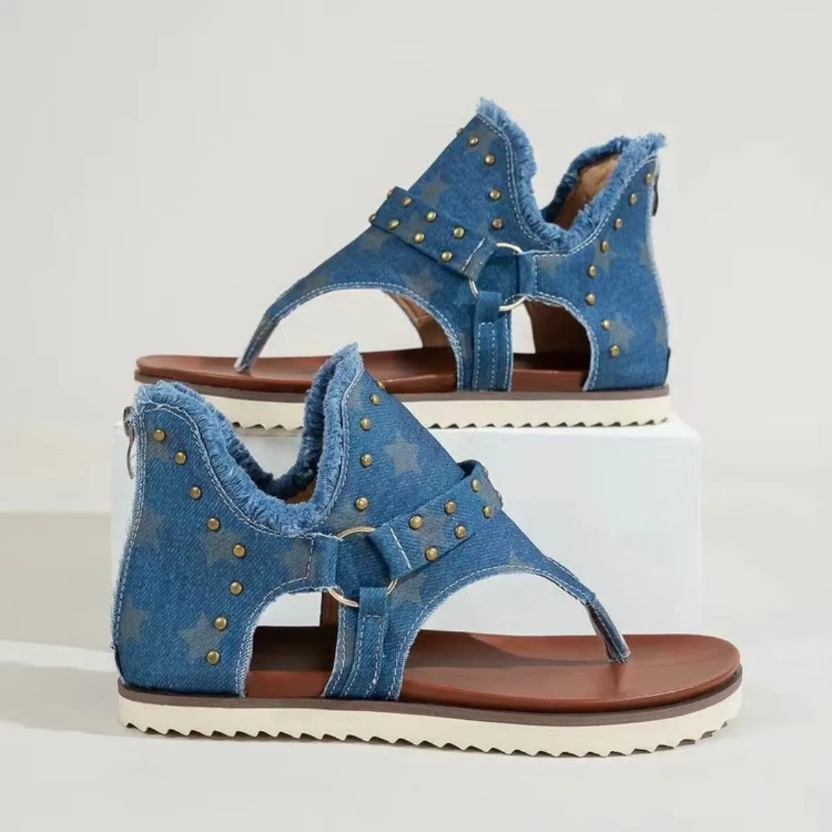Studded Raw Hem Flat Sandals - 5 Colors