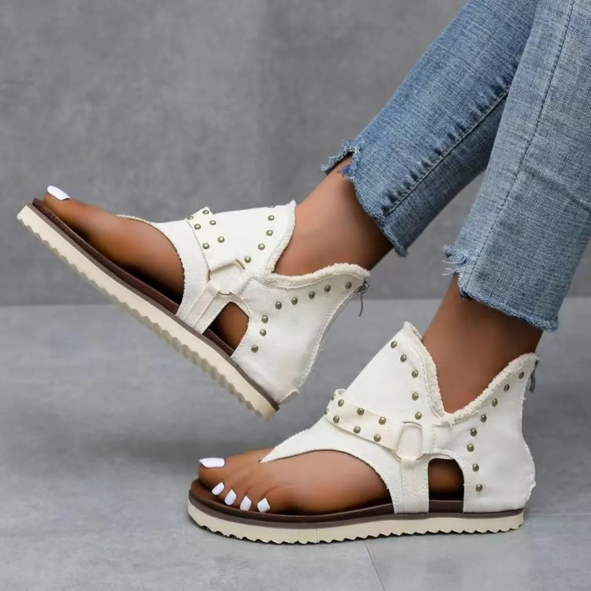 Studded Raw Hem Flat Sandals - 5 Colors