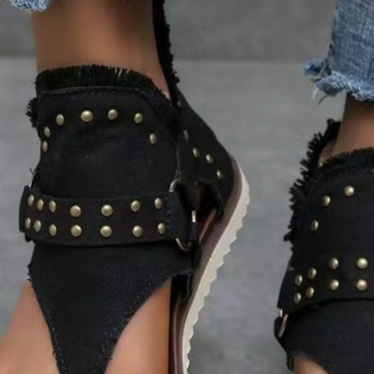 Studded Raw Hem Flat Sandals - 5 Colors