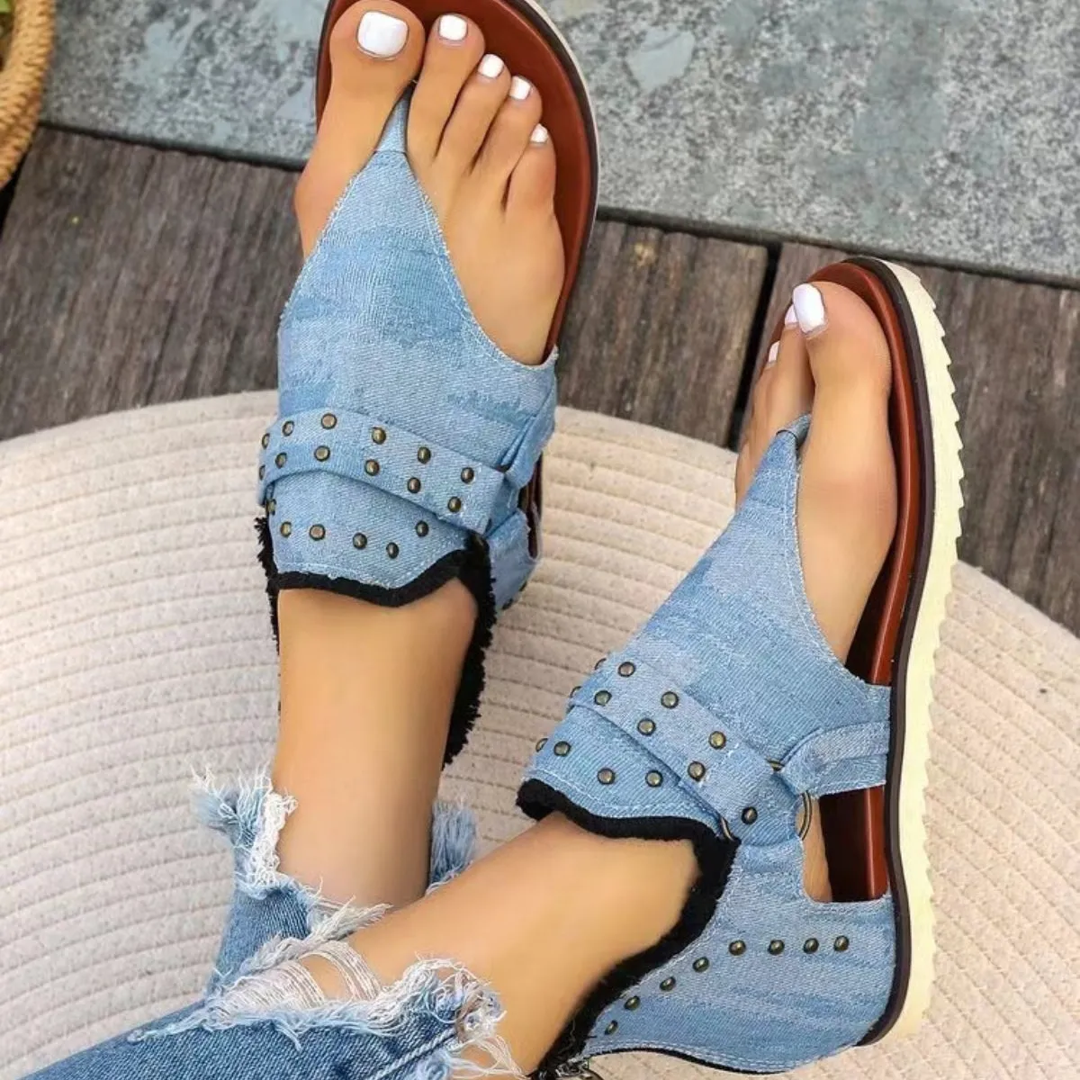 Studded Raw Hem Flat Sandals - 5 Colors