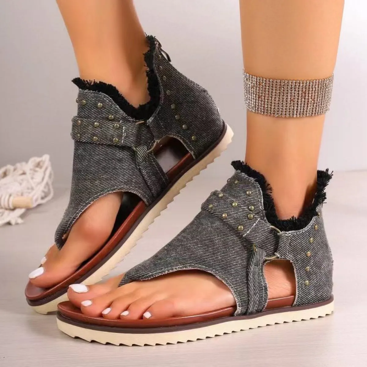 Studded Raw Hem Flat Sandals - 5 Colors