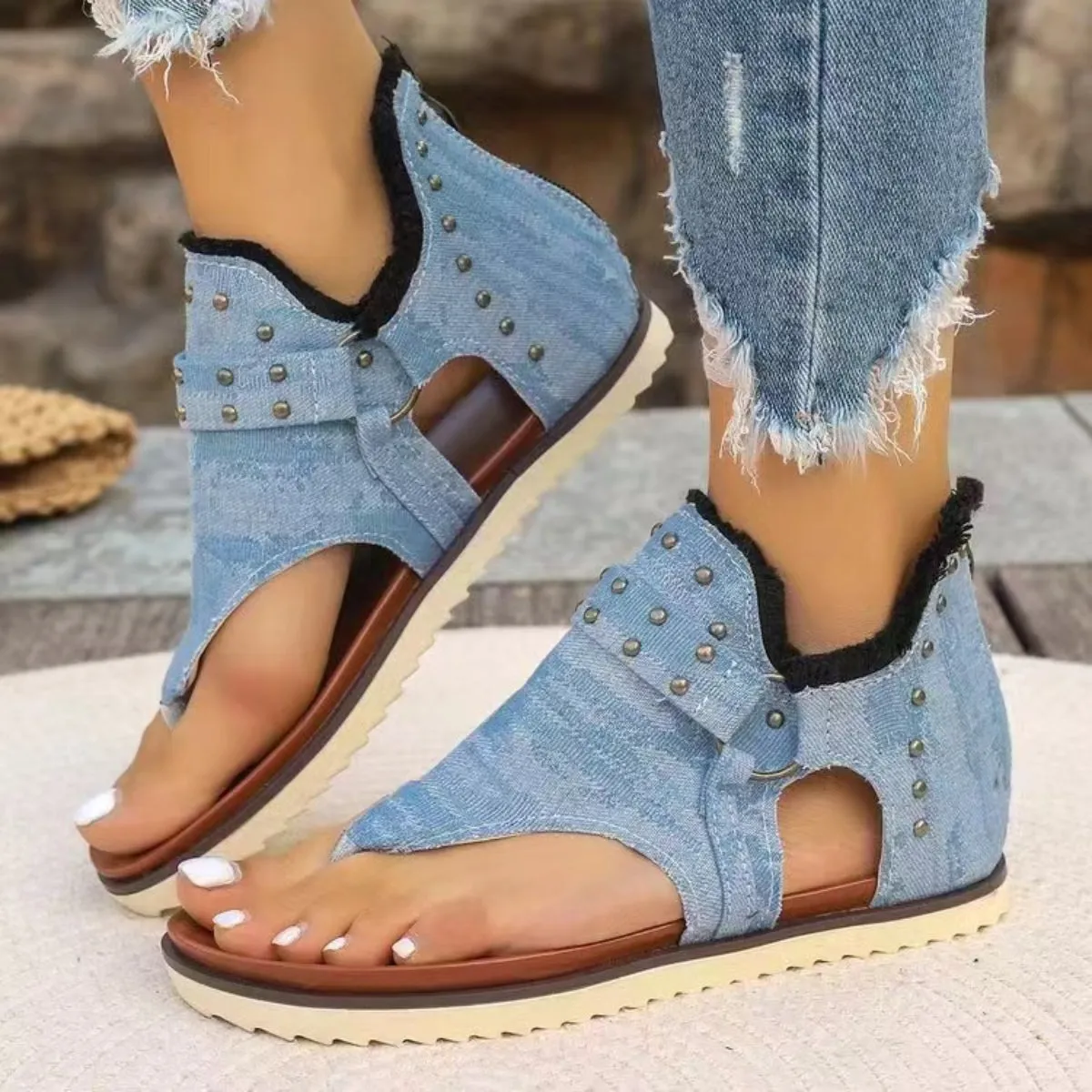 Studded Raw Hem Flat Sandals - 5 Colors