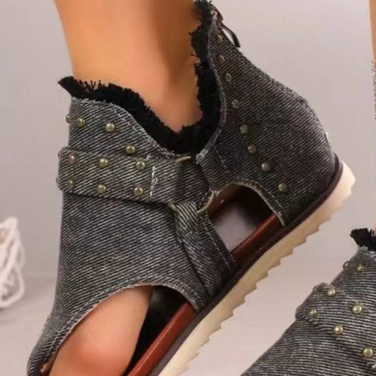 Studded Raw Hem Flat Sandals - 5 Colors