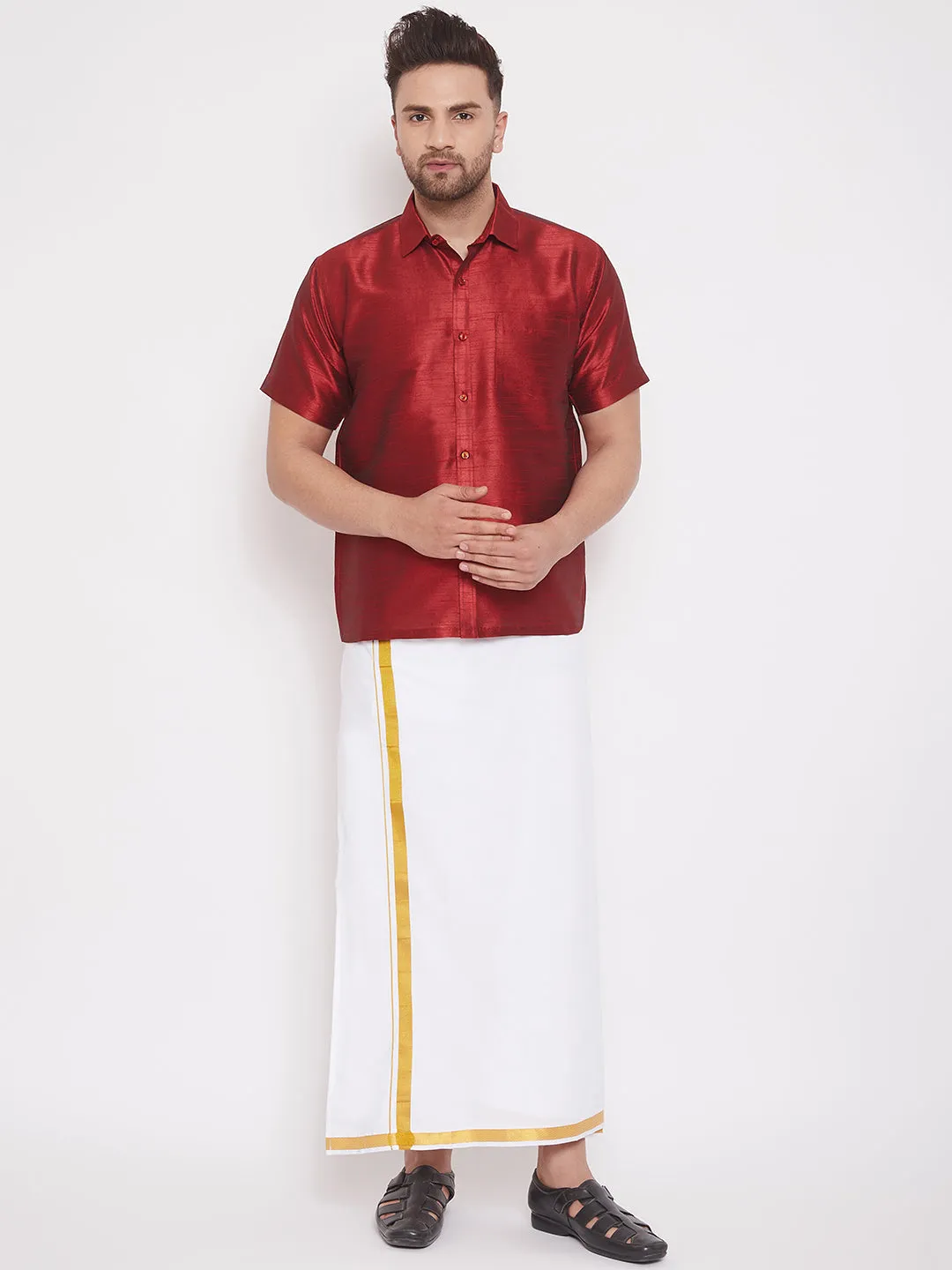 VASTRAMAY Maroon Silk Blend Ethnic Shirt