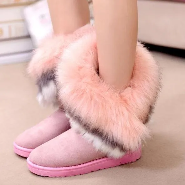 Winter Warm Fur Boots Artificial Fur Tassels Mid-Calf Boots for Women