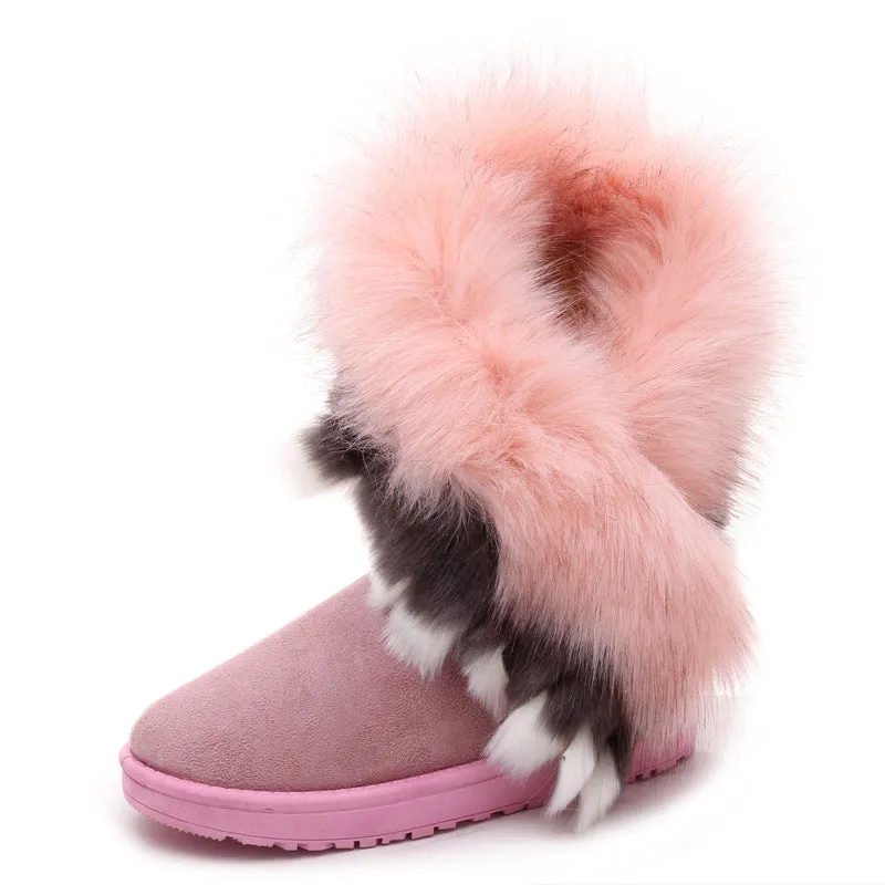 Winter Warm Fur Boots Artificial Fur Tassels Mid-Calf Boots for Women